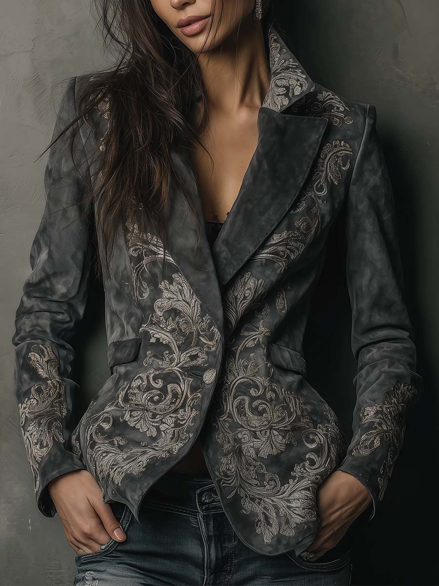 Charcoal Taupe Embossed Floral Eco-Suede Blazer