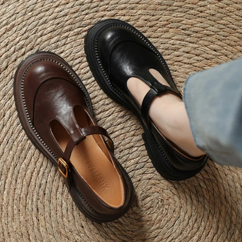 Blythe | Women's T-Bar Mary Jane Shoes Round Toe Brogue Low Heel