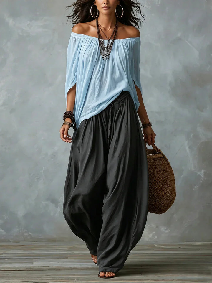 Aurara — Komplettes asymmetrisches Top und weit geschnittene Palazzo-Hose
