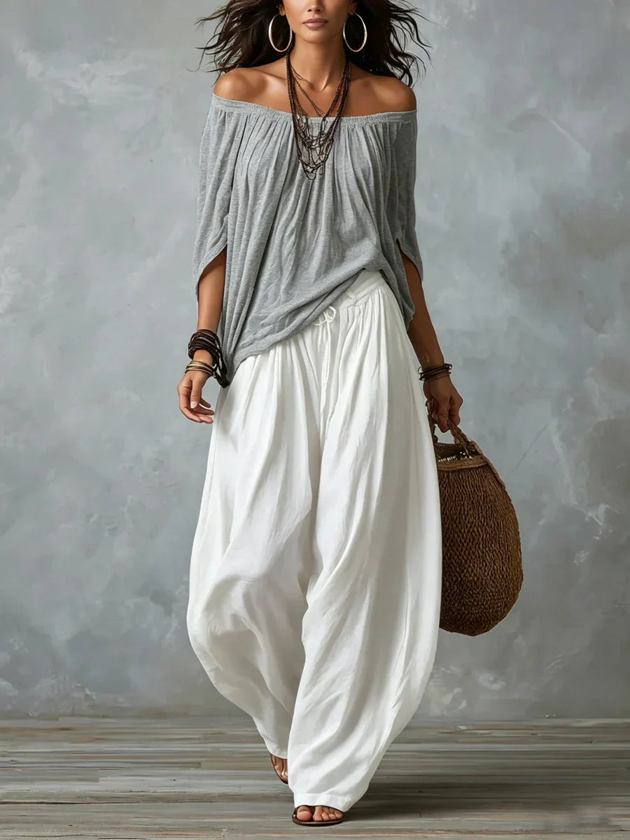 Aurara — Komplettes asymmetrisches Top und weit geschnittene Palazzo-Hose