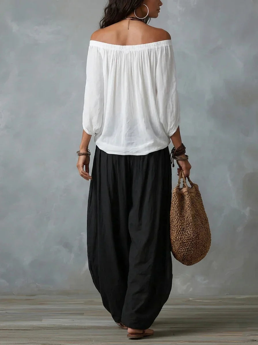 Aurara — Komplettes asymmetrisches Top und weit geschnittene Palazzo-Hose