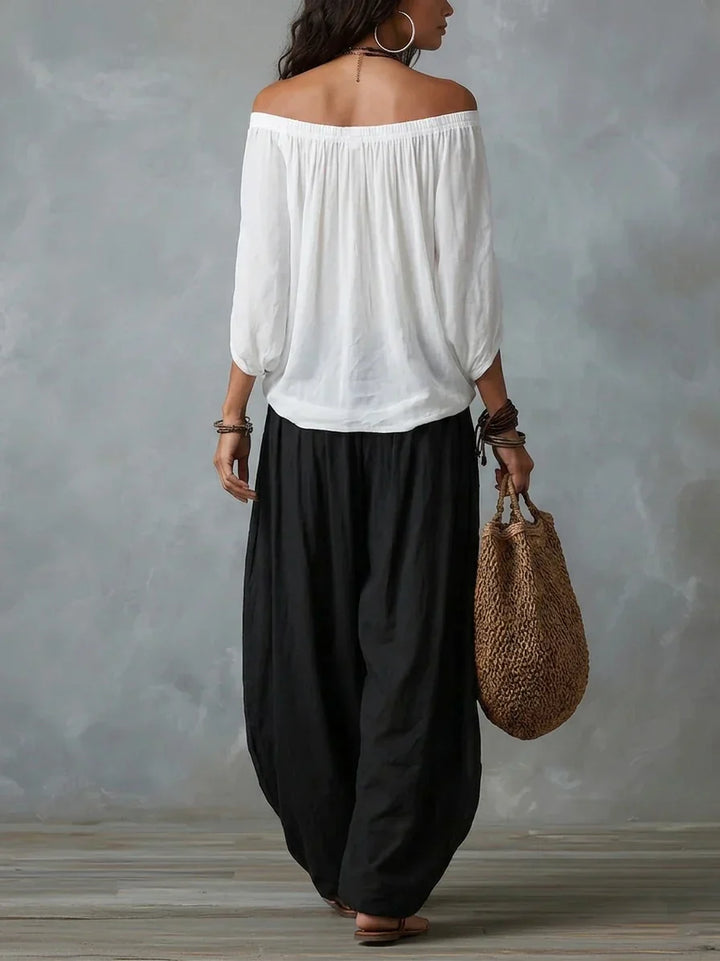 Aurara — Komplettes asymmetrisches Top und weit geschnittene Palazzo-Hose