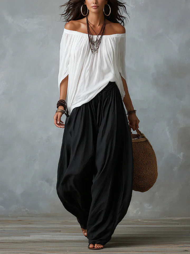 Aurara — Komplettes asymmetrisches Top und weit geschnittene Palazzo-Hose