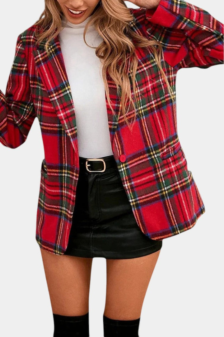 Alvine Long Checkered Blazer featuring Notched Collar and Single Button Fastening