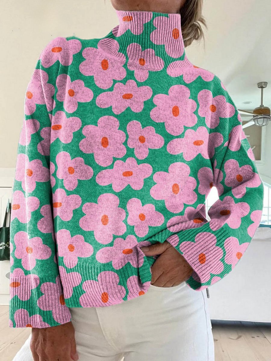 Amelia - Women's Floral Print Relaxed-Fit Turtleneck Sweater